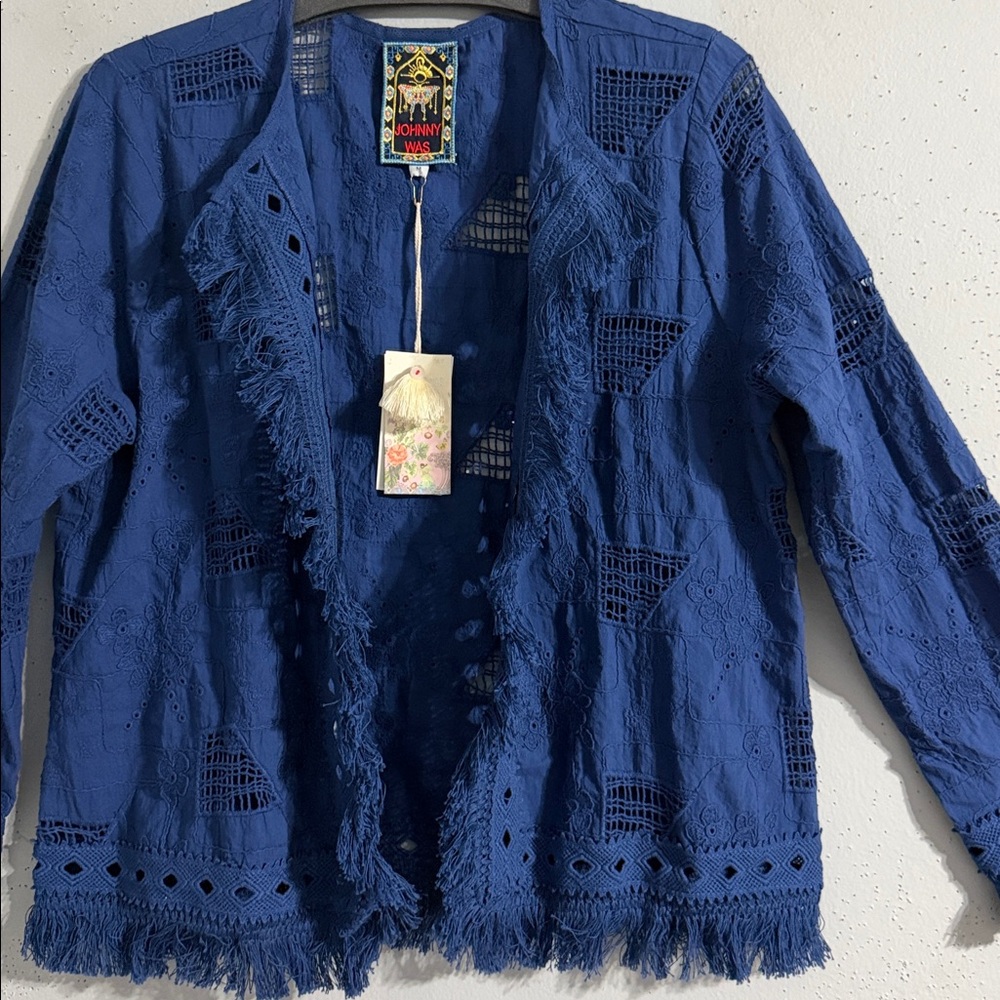 Johnny Was Navy Blue Cutwork Fringe Open Jacket 100% Cotton